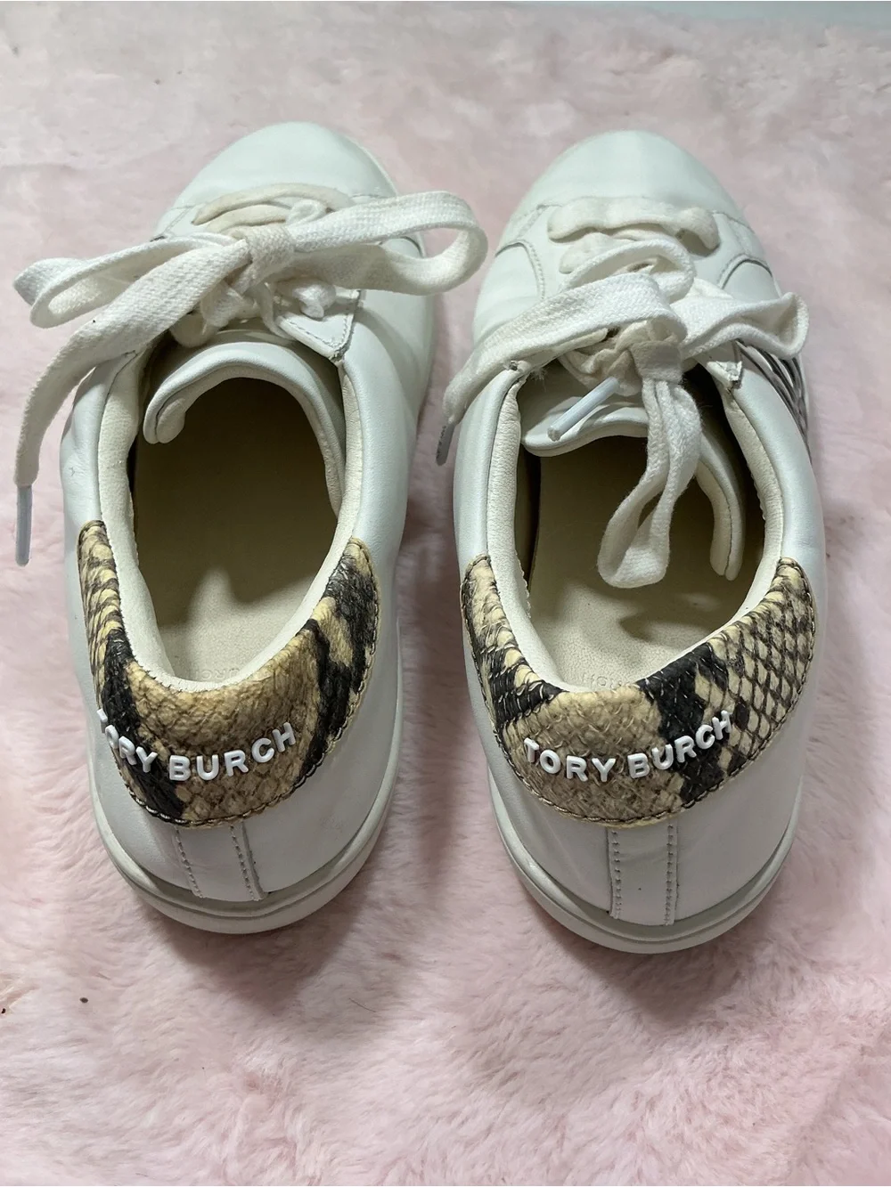 Tory Burch White Leather Sneakers with Black Logo and Snakeskin Trim 159